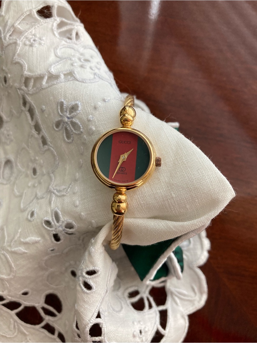 Gucci Gold-Tone Bangle Watch 2047L with Red and Green Stripe Dial - Picture 2 of 4